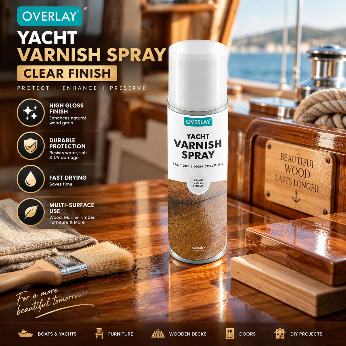 Overlay All Purpose Clear Gloss Yacht Varnish Spray Paint 400ml