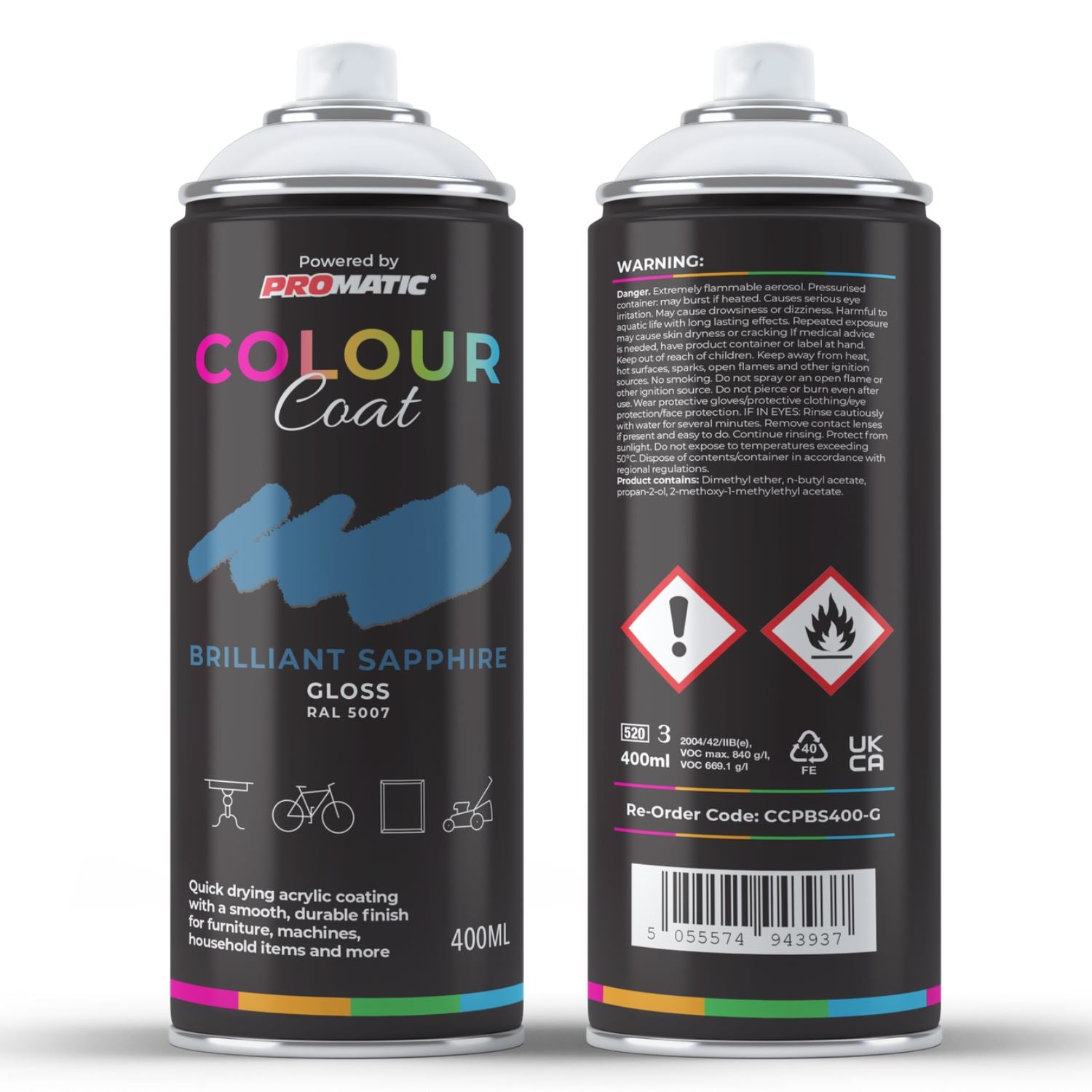 ProMatic Colour Coat Brilliant Sapphire RAL 5007 Gloss Acrylic Spray Paint 400ml