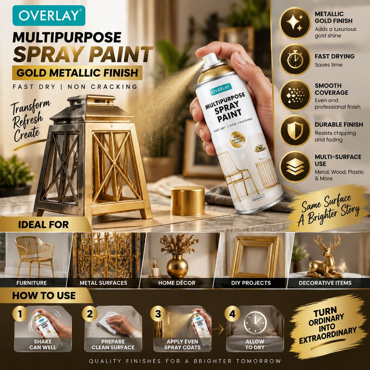 Overlay All Purpose Gold Metallic 400ml Spray Paint