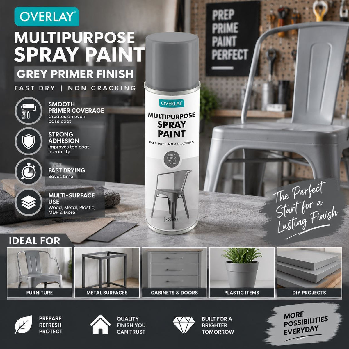 Overlay Grey Primer Matt Spray Paint 400ml For Auto Car Van Bike