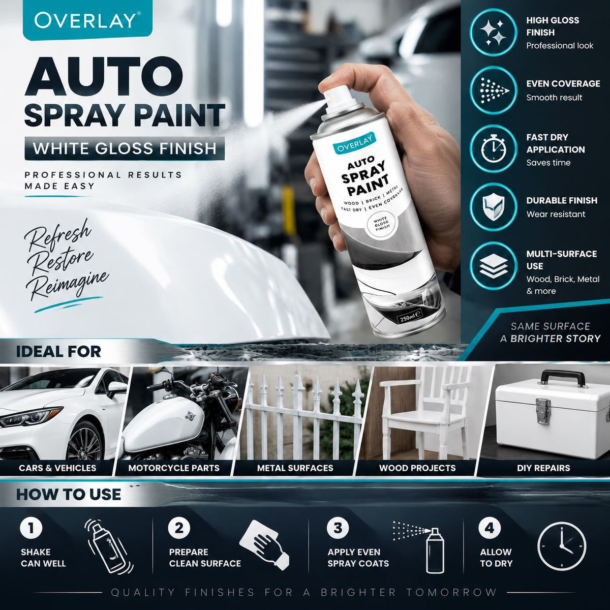Overlay Gloss White Primer Aerosol Spray Paint 250ml For Auto Car Van Bike