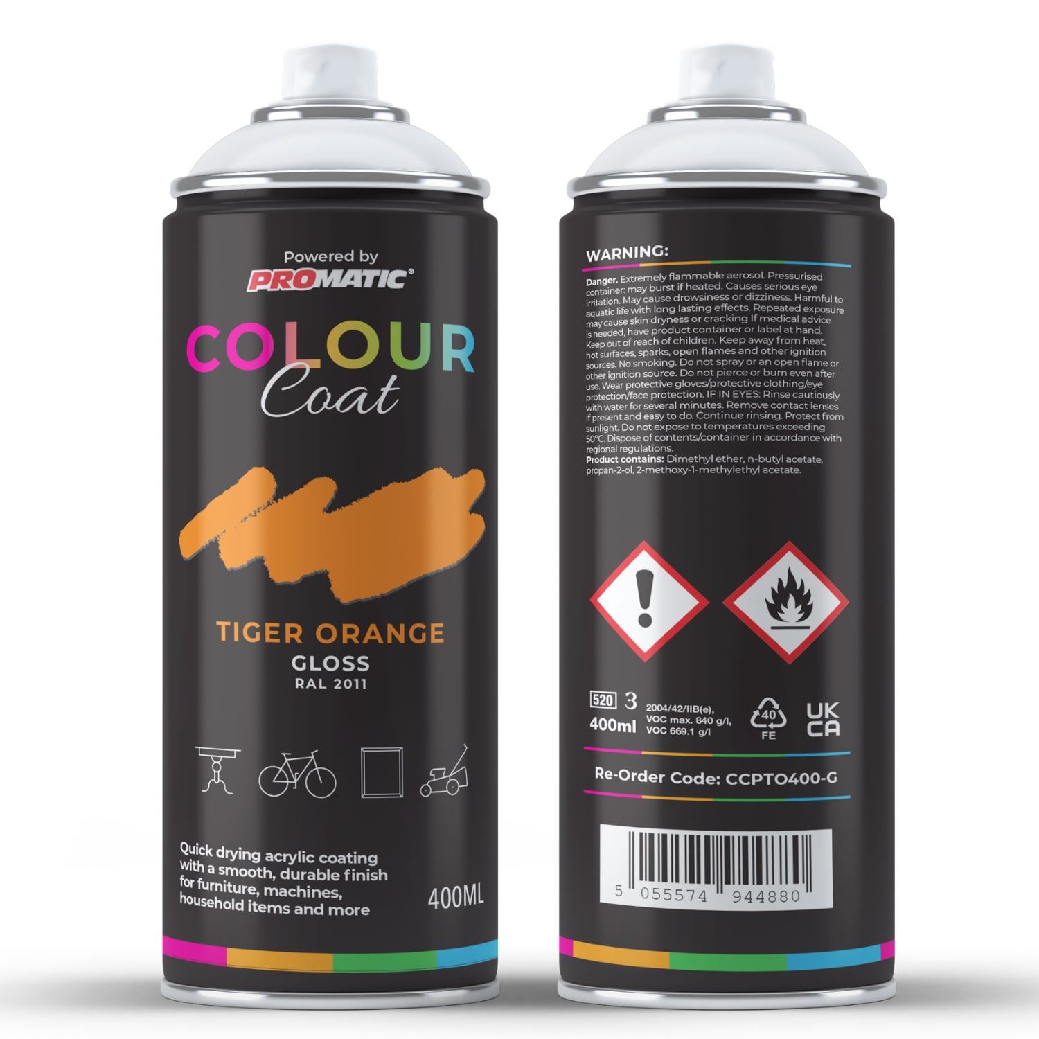 ProMatic Colour Coat Tiger Orange RAL 2011 Gloss 1K Acrylic Spray Paint 400ml