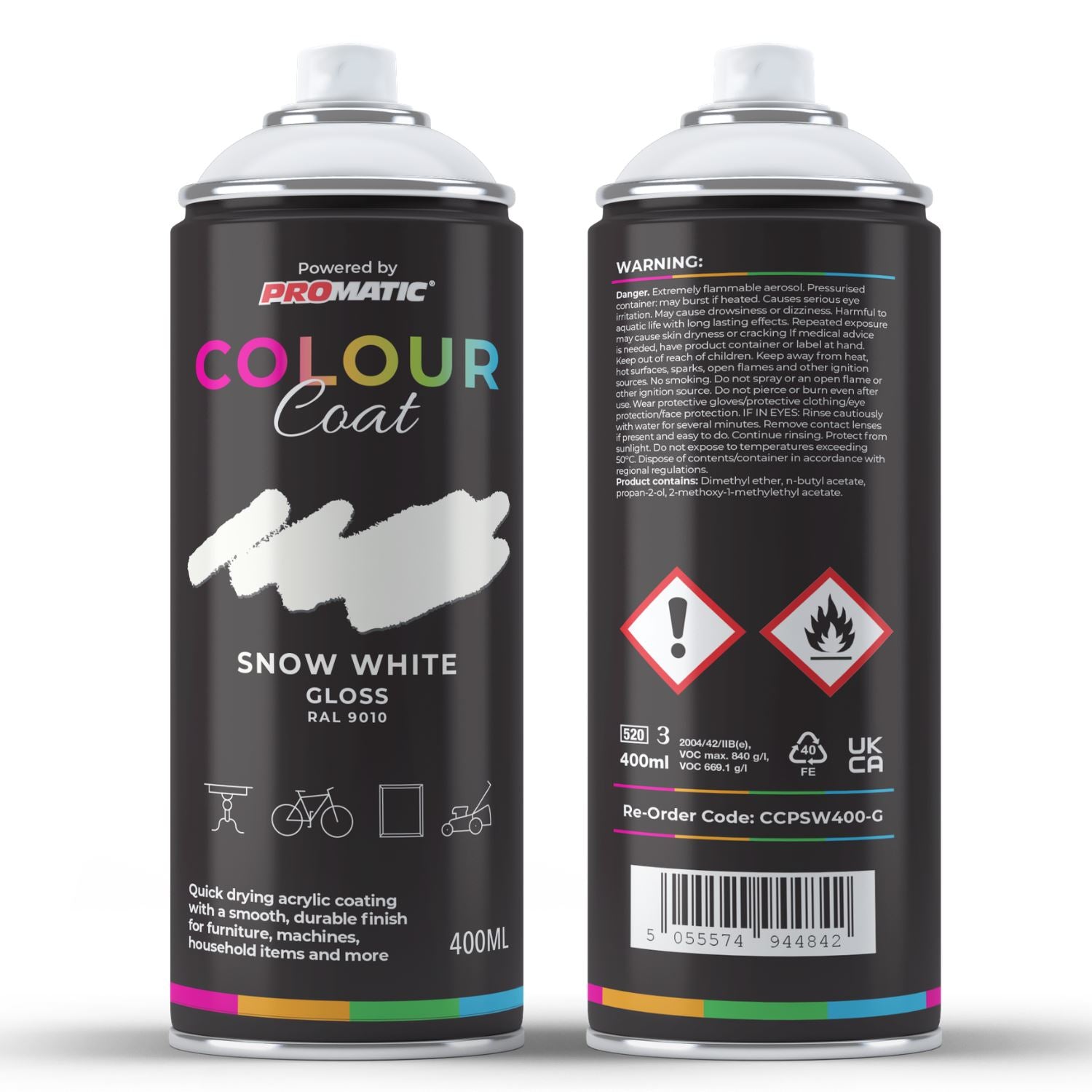 ProMatic Colour Coat Snow White RAL 9010 Gloss 1K Acrylic Spray Paint 400ml