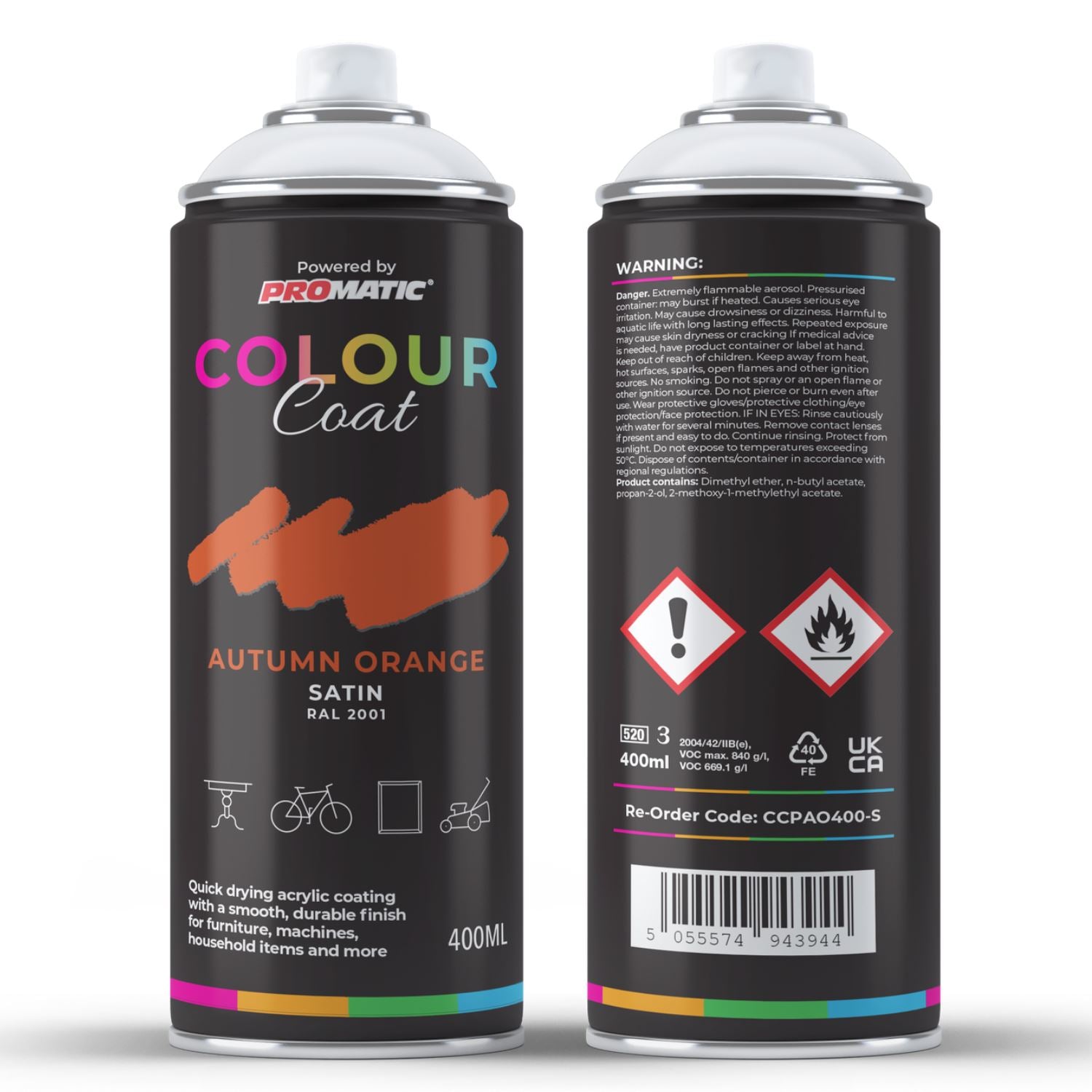 ProMatic Colour Coat Autumn Orange RAL 2001 Satin 1K Acrylic Spray Paint 400ml