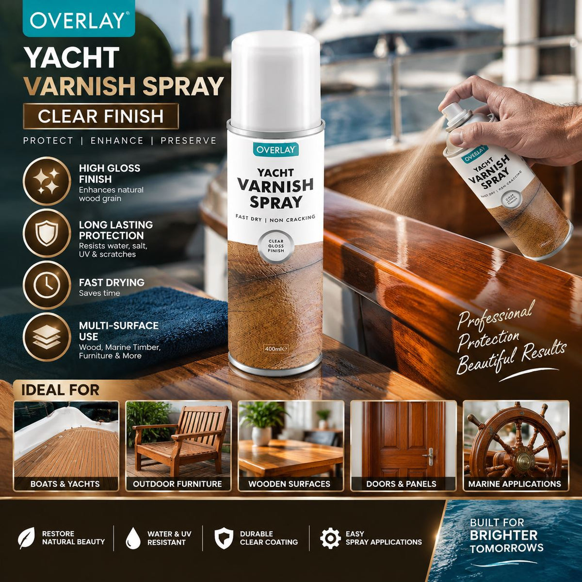 Overlay All Purpose Clear Gloss Yacht Varnish Spray Paint 400ml