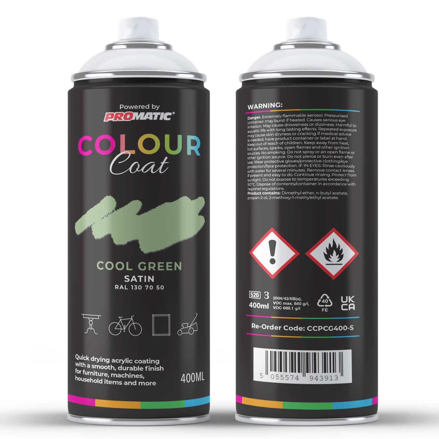 ProMatic Colour Coat Cool Green RAL 130 70 50 Satin 1K Acrylic Spray Paint 400ml