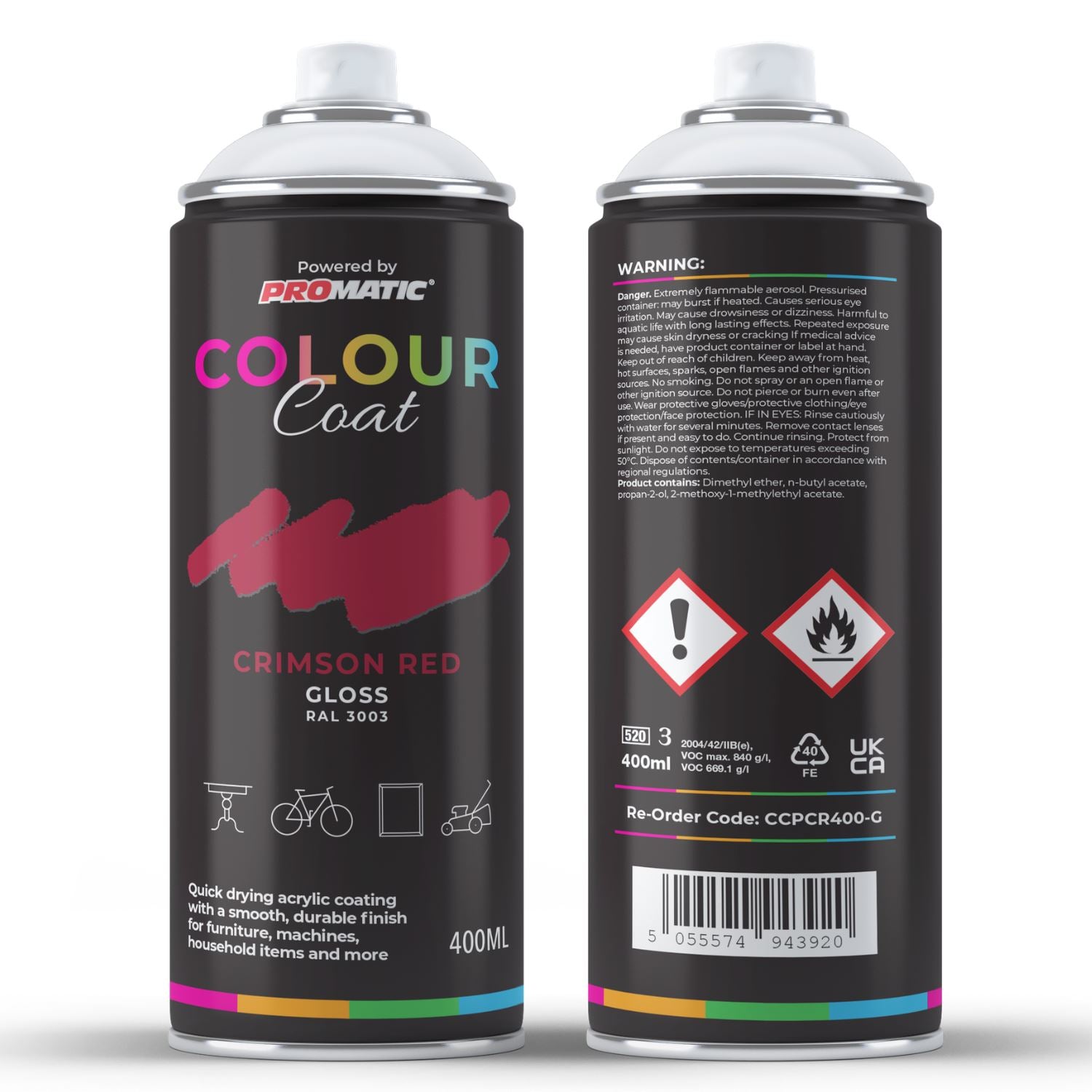 ProMatic Colour Coat Crimson Red RAL 3003 Gloss 1K Acrylic Spray Paint 400ml