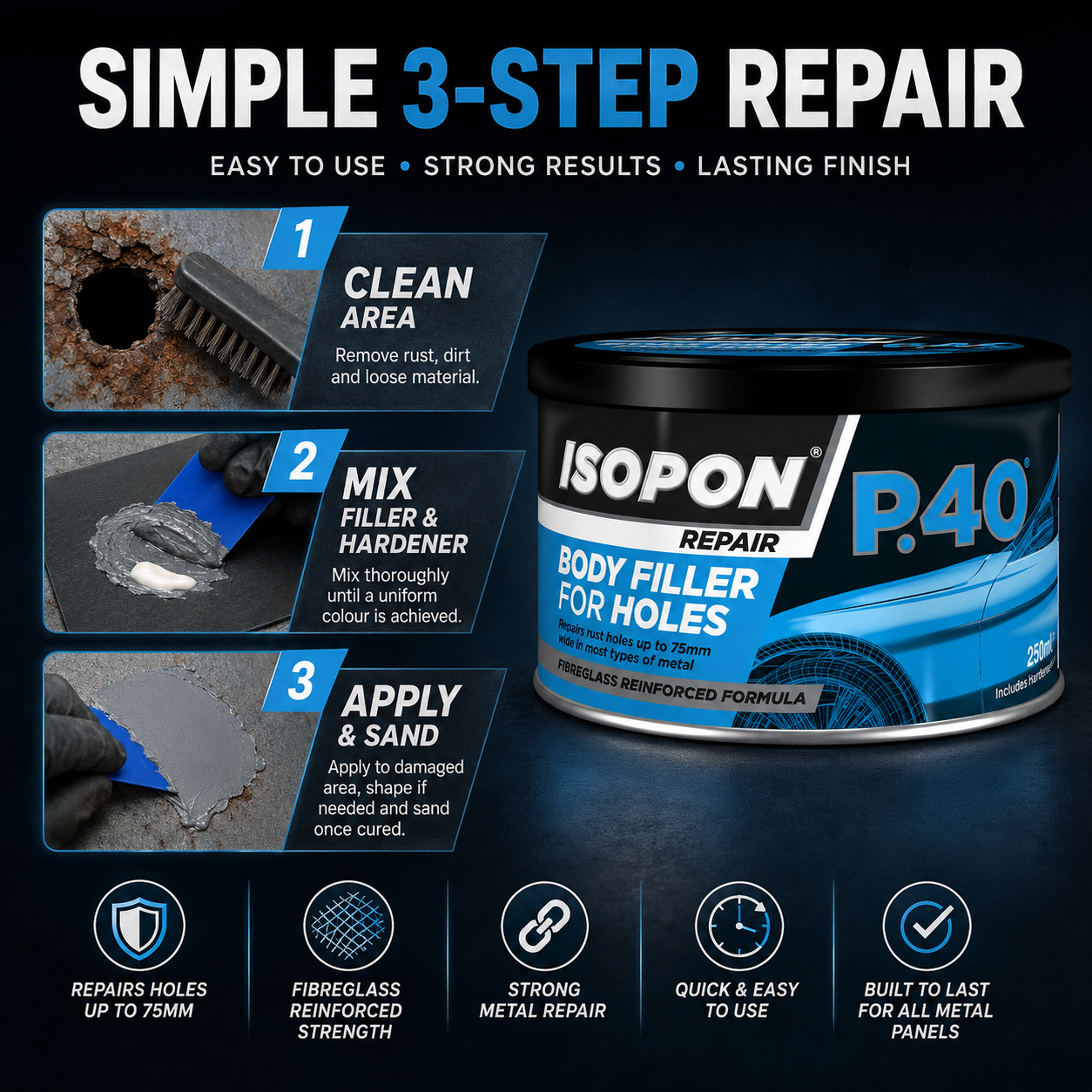 Upol Isopon P40 Metal Holes Body Filler Repair Paste Fibreglass Formula