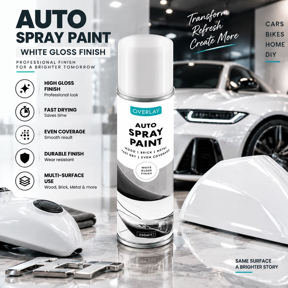 Overlay Gloss White Primer Aerosol Spray Paint 250ml For Auto Car Van Bike