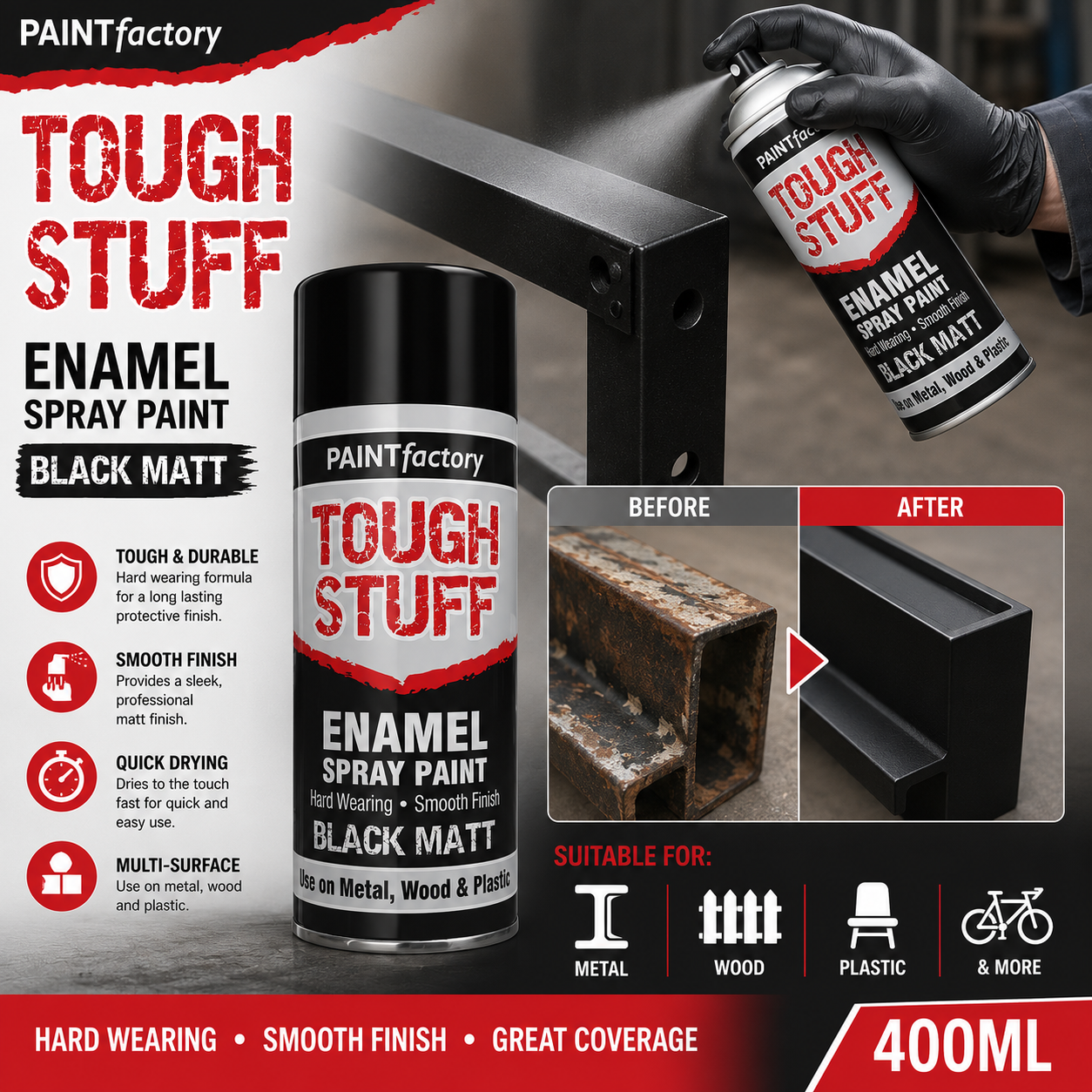 Tough Stuff Enamel Black Matt Spray Paint 400ml - Paint Factory