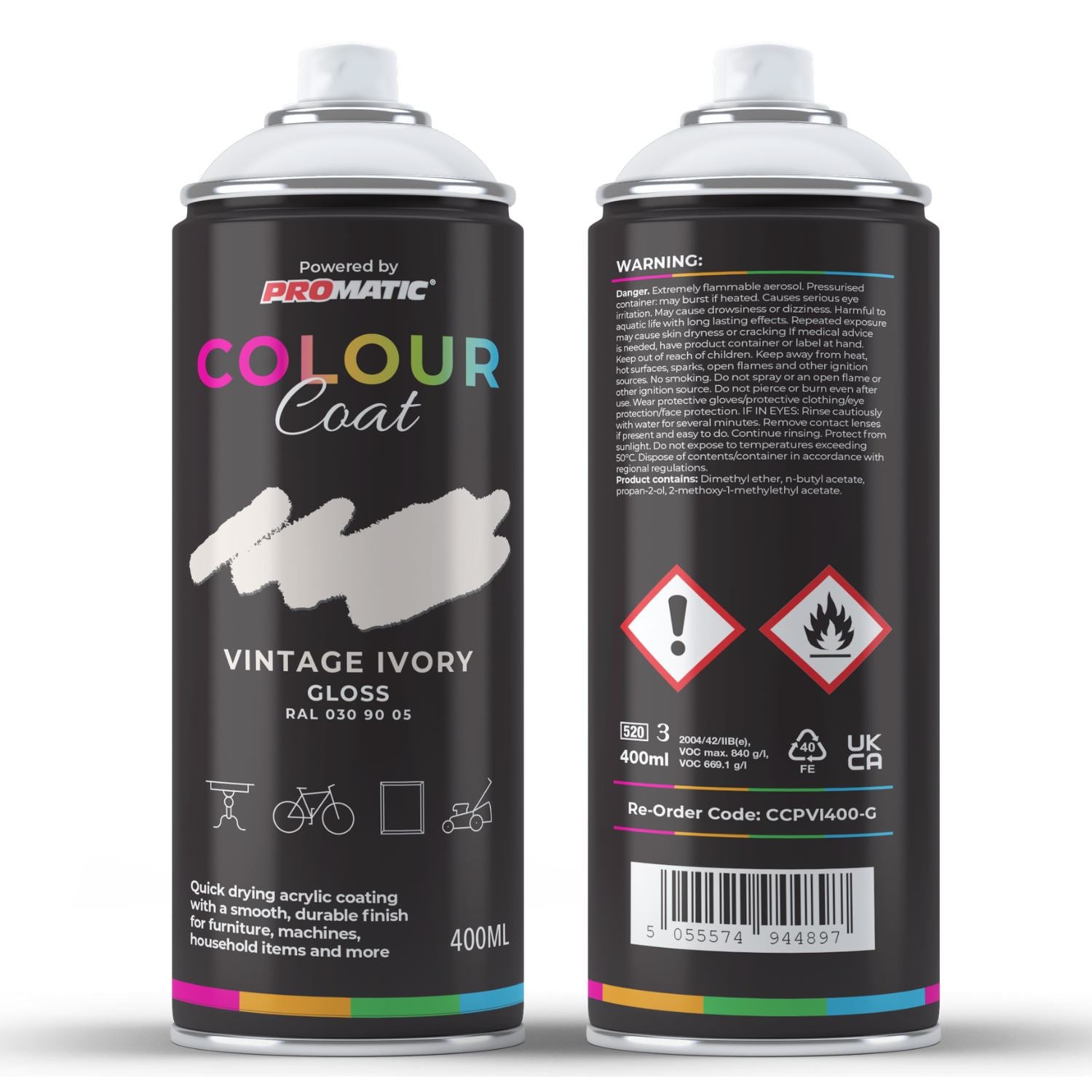 ProMatic Colour Coat Vintage Ivory RAL 030 90 05 Gloss Acrylic Spray Paint 400ml