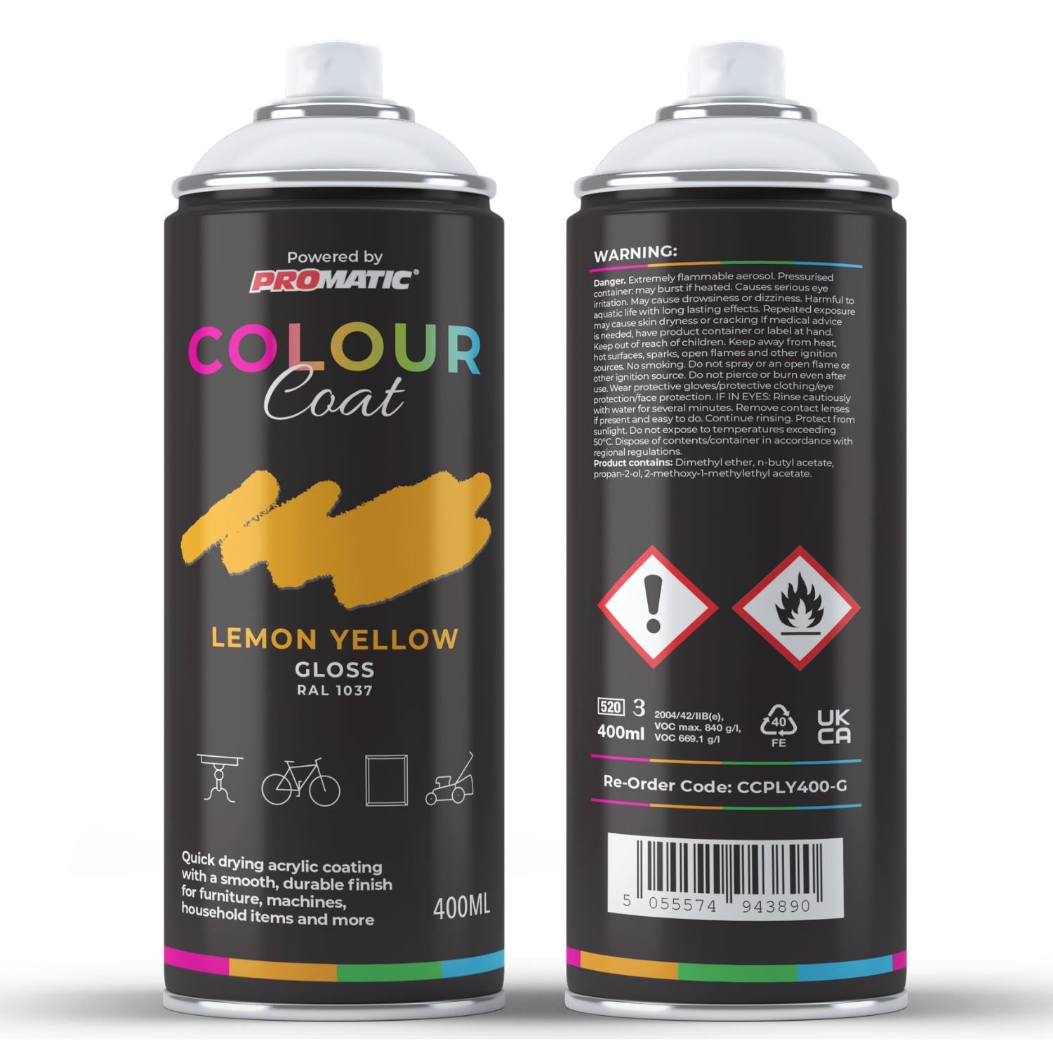 ProMatic Colour Coat Lemon Yellow RAL 1037 Gloss 1K Acrylic Spray Paint 400ml