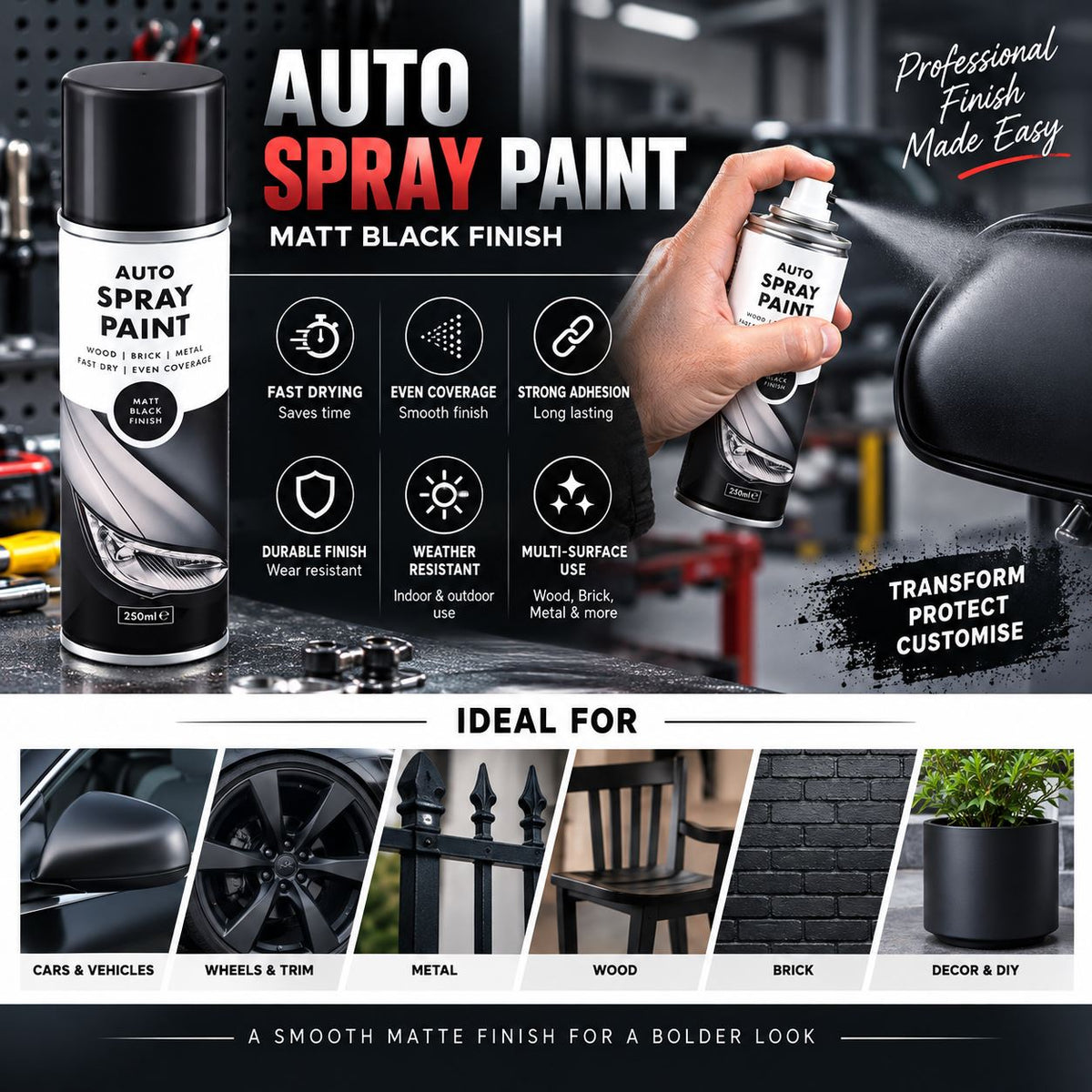 Overlay Matt Black Primer Aerosol Spray Paint 250ml For Auto Car Van Bike