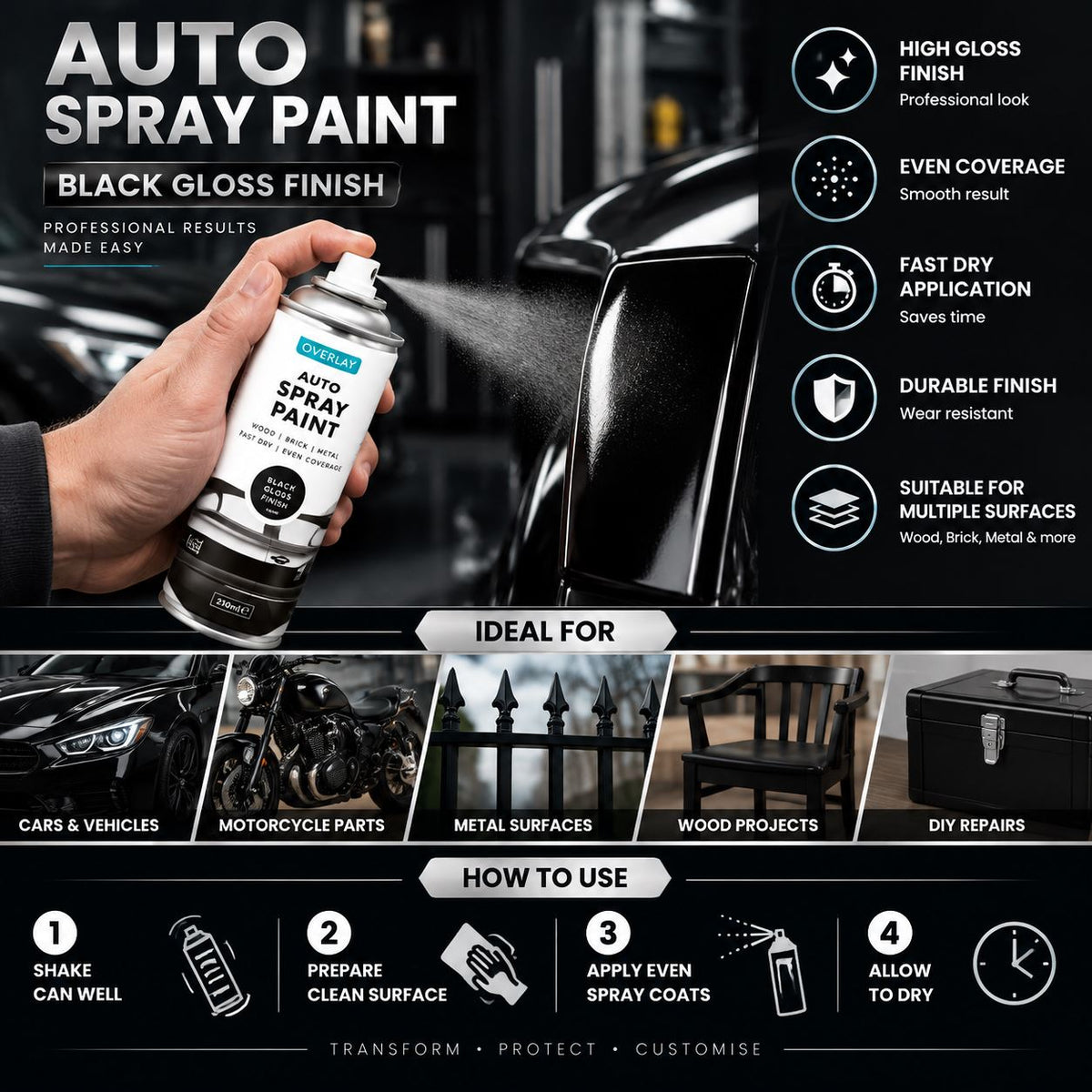 Overlay Gloss Black Primer Aerosol Spray Paint 250ml For Auto Car Van Bike