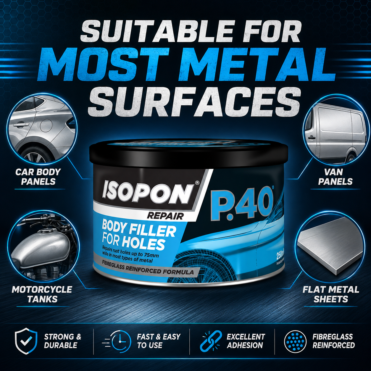 Upol Isopon P40 Metal Holes Body Filler Repair Paste Fibreglass Formula