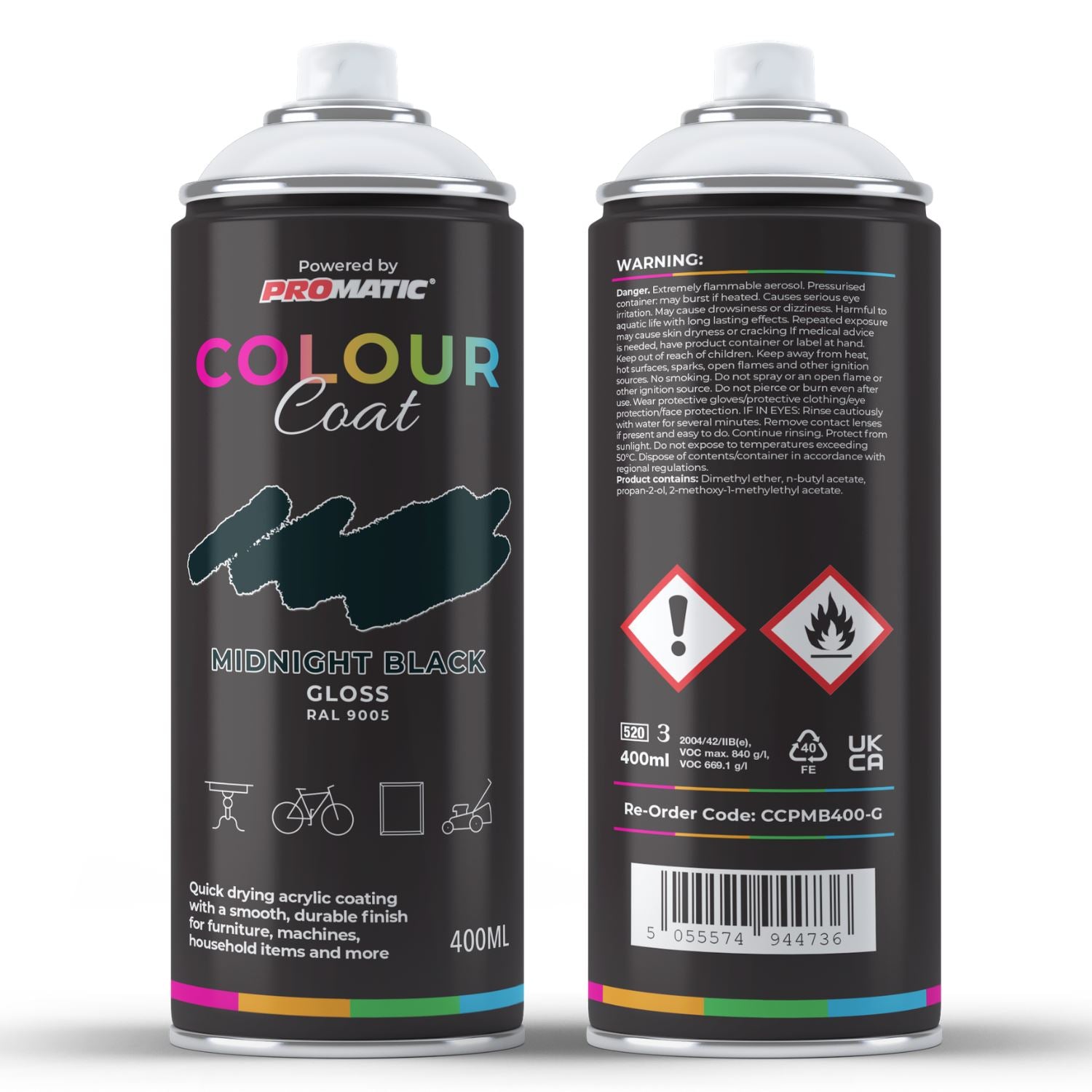 ProMatic Colour Coat Midnight Black RAL 9005 Gloss 1K Acrylic Spray Paint 400ml