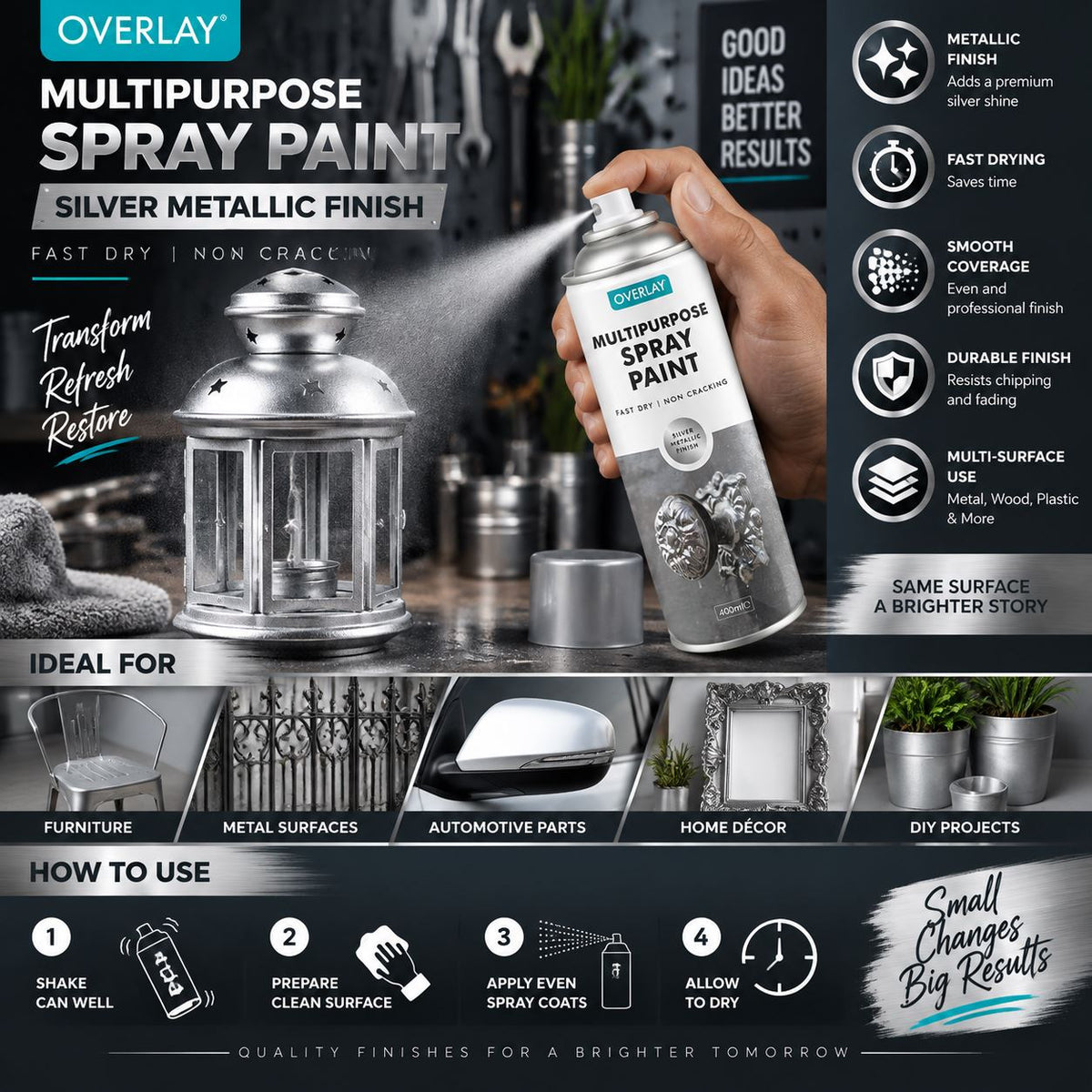 Overlay All Purpose Silver Metallic 400ml Spray Paint