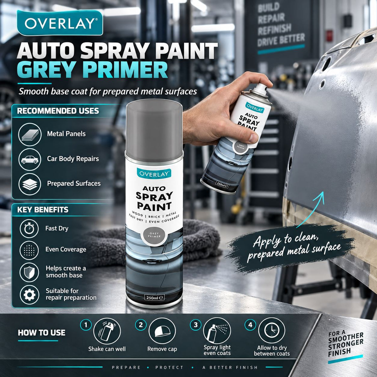 Overlay Grey Primer Aerosol Spray Paint 250ml For Auto Car Van Bike