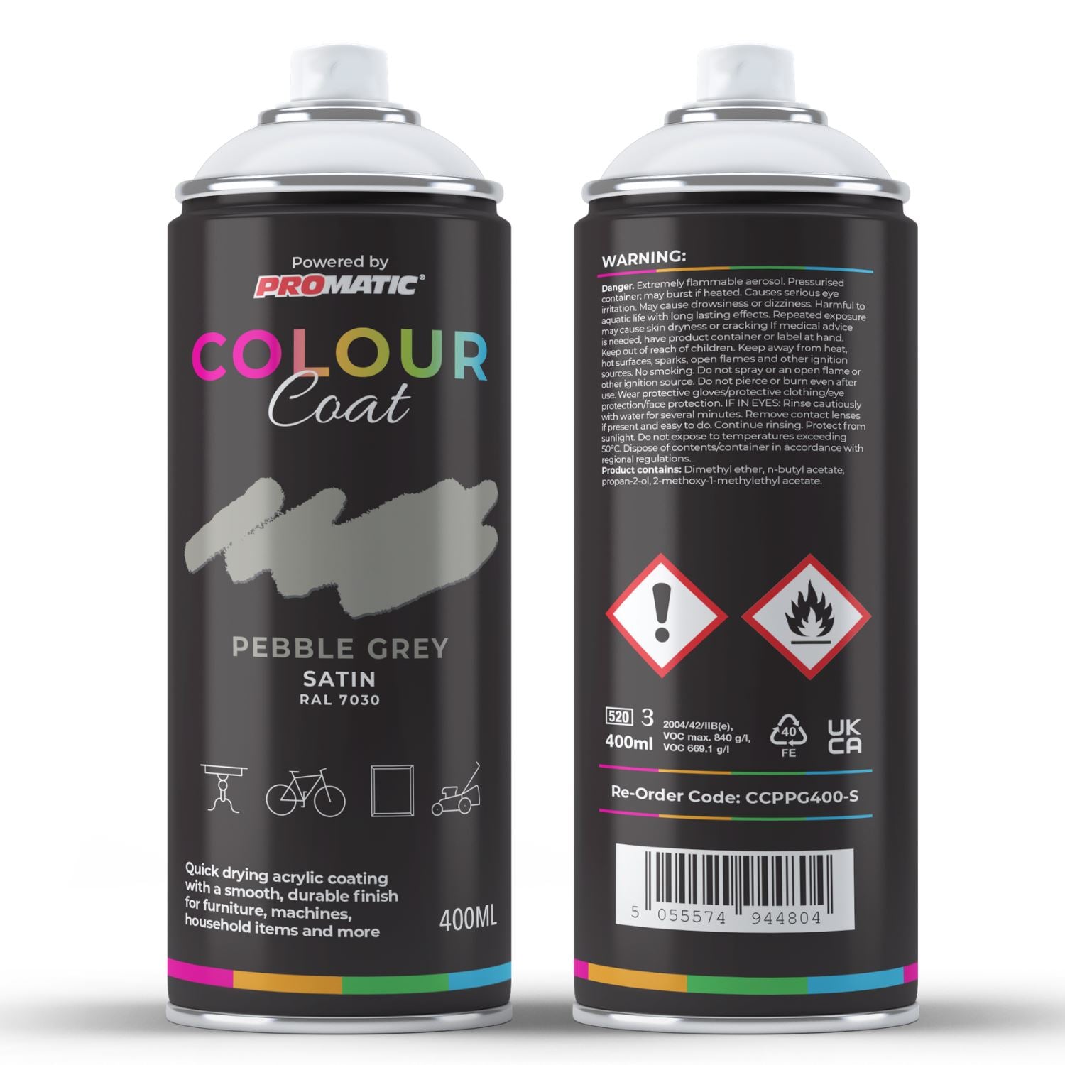 ProMatic Colour Coat Pebble Grey RAL 7030 Satin 1K Acrylic Spray Paint 400ml