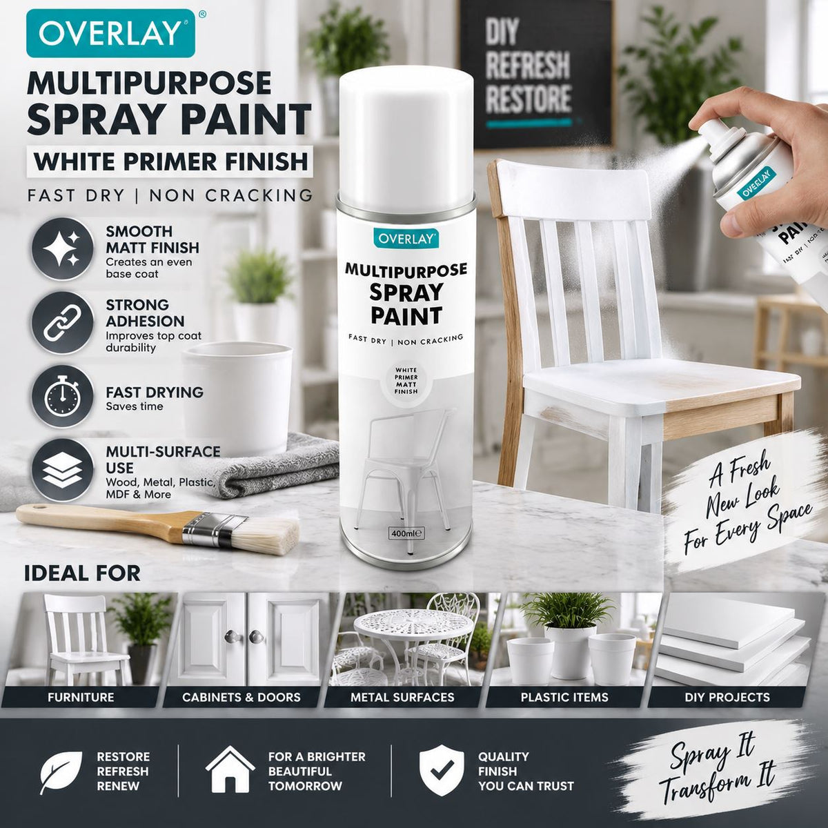 Overlay White Primer Matt Spray Paint 400ml For Auto Car Van Bike