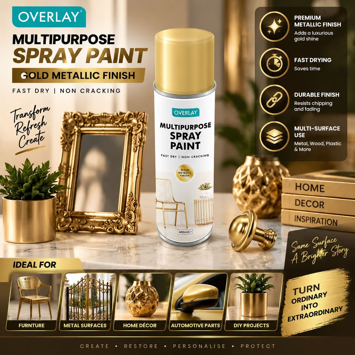 Overlay All Purpose Gold Metallic 400ml Spray Paint