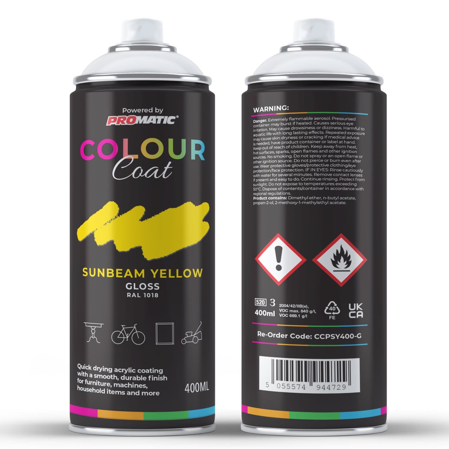 ProMatic Colour Coat Sunbeam Yellow RAL 1018 Gloss 1K Acrylic Spray Paint 400ml