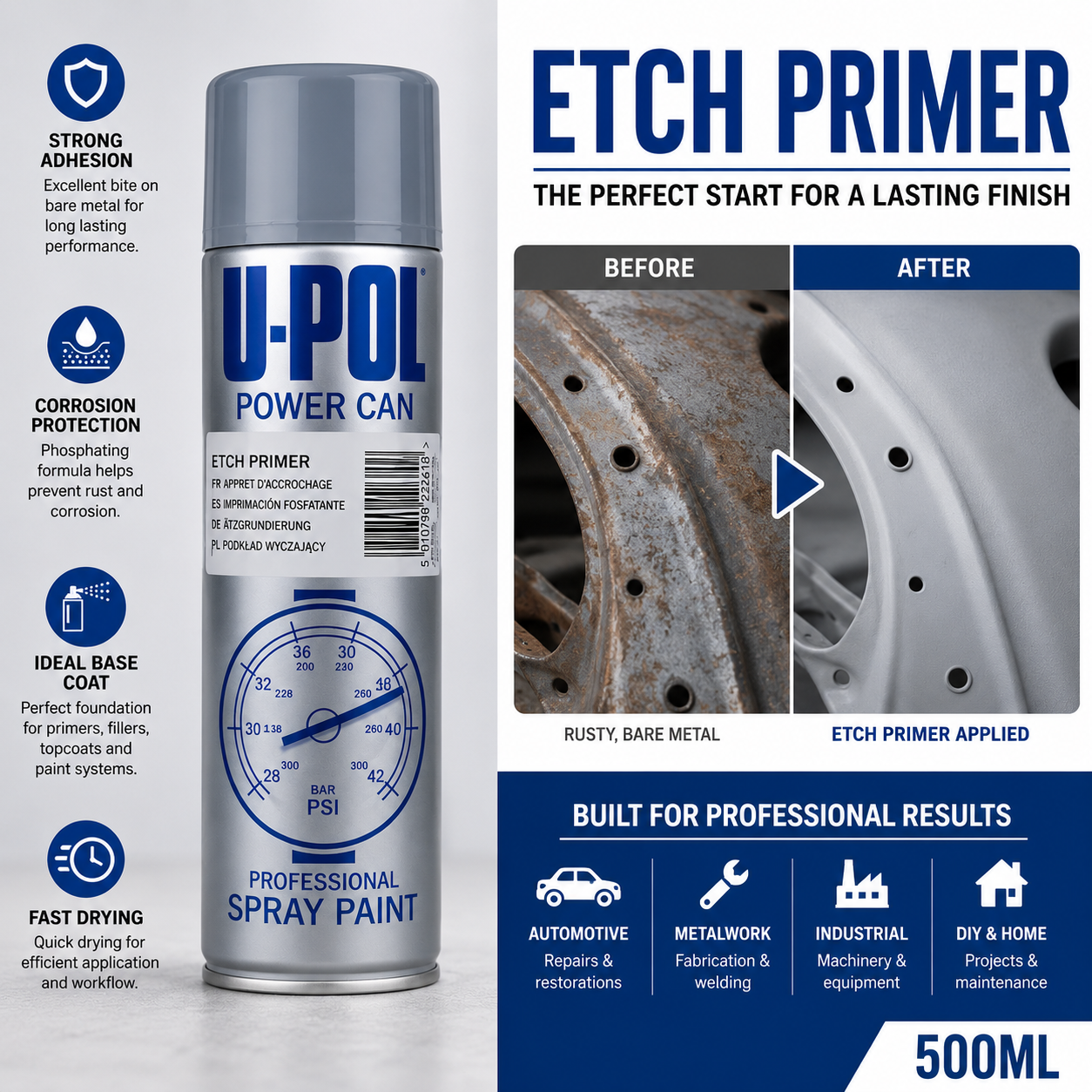 U-POL Power Can Grey Etch Primer Spray Paint 500ml