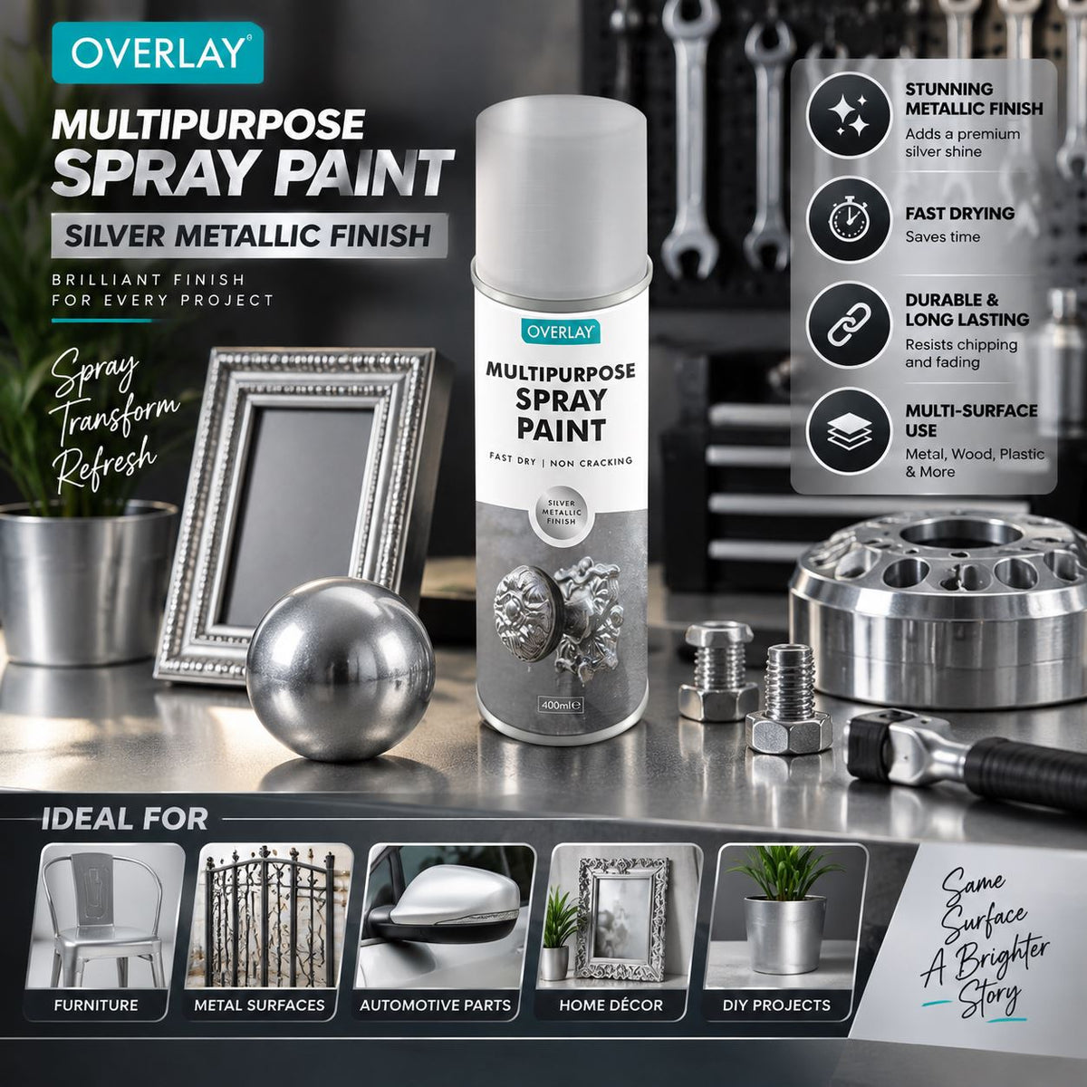 Overlay All Purpose Silver Metallic 400ml Spray Paint