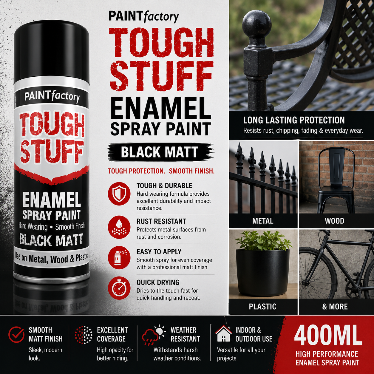 Tough Stuff Enamel Black Matt Spray Paint 400ml - Paint Factory