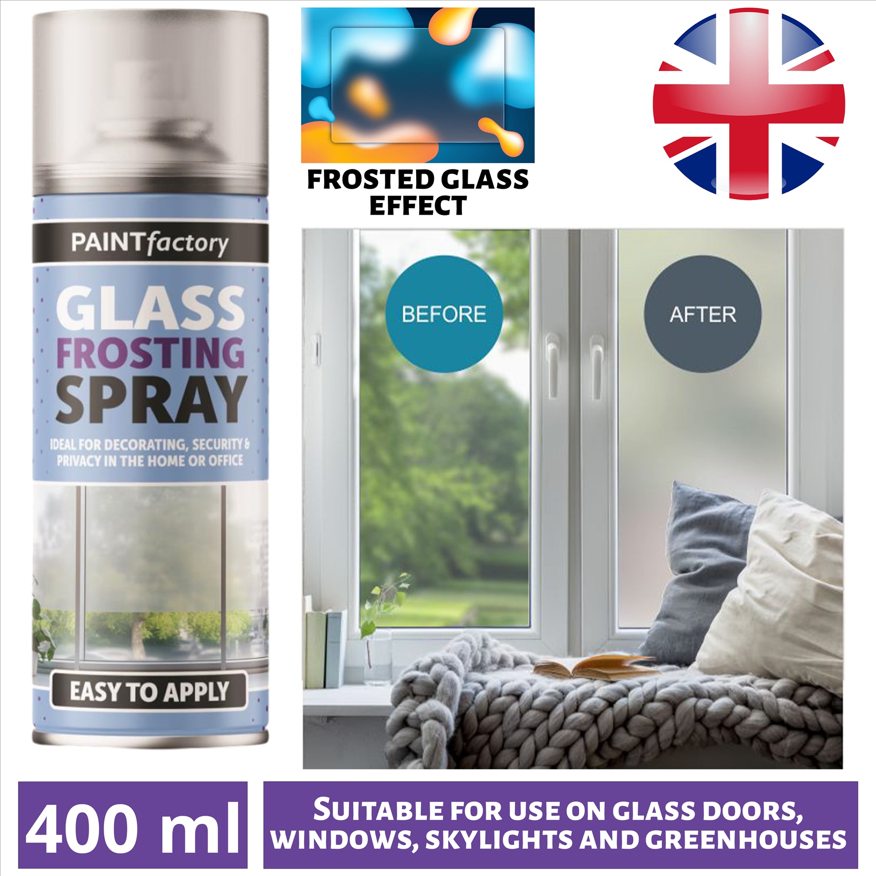 Glass Frosting Paint Spray Window Privacy Security Kitchen Bath 400ml