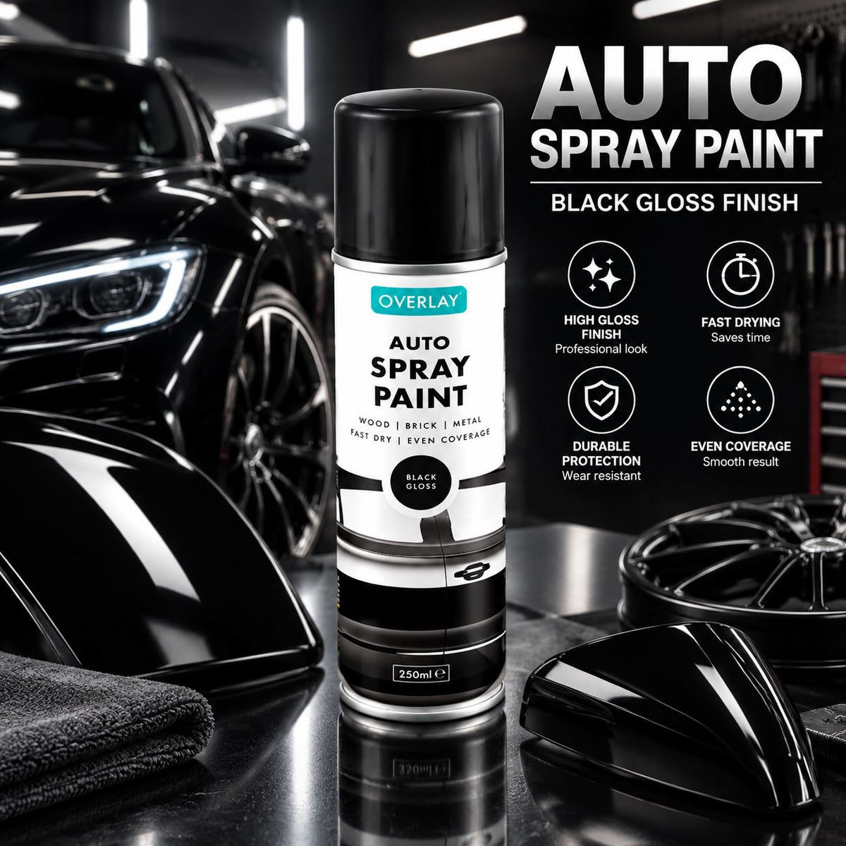 Overlay Gloss Black Primer Aerosol Spray Paint 250ml For Auto Car Van Bike