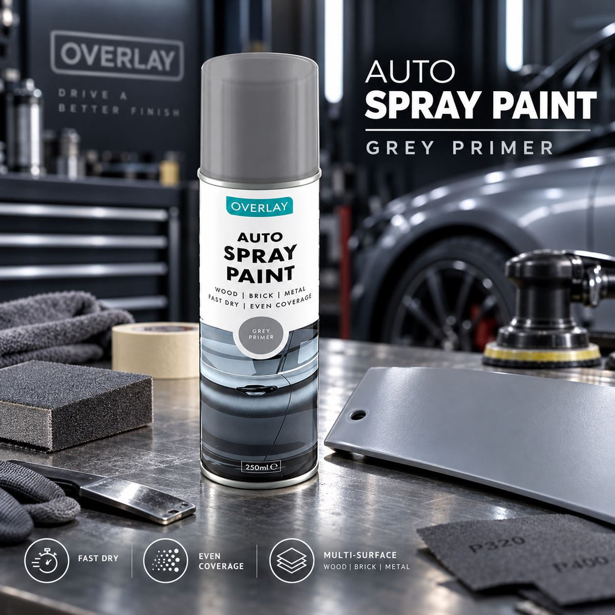 Overlay Grey Primer Aerosol Spray Paint 250ml For Auto Car Van Bike