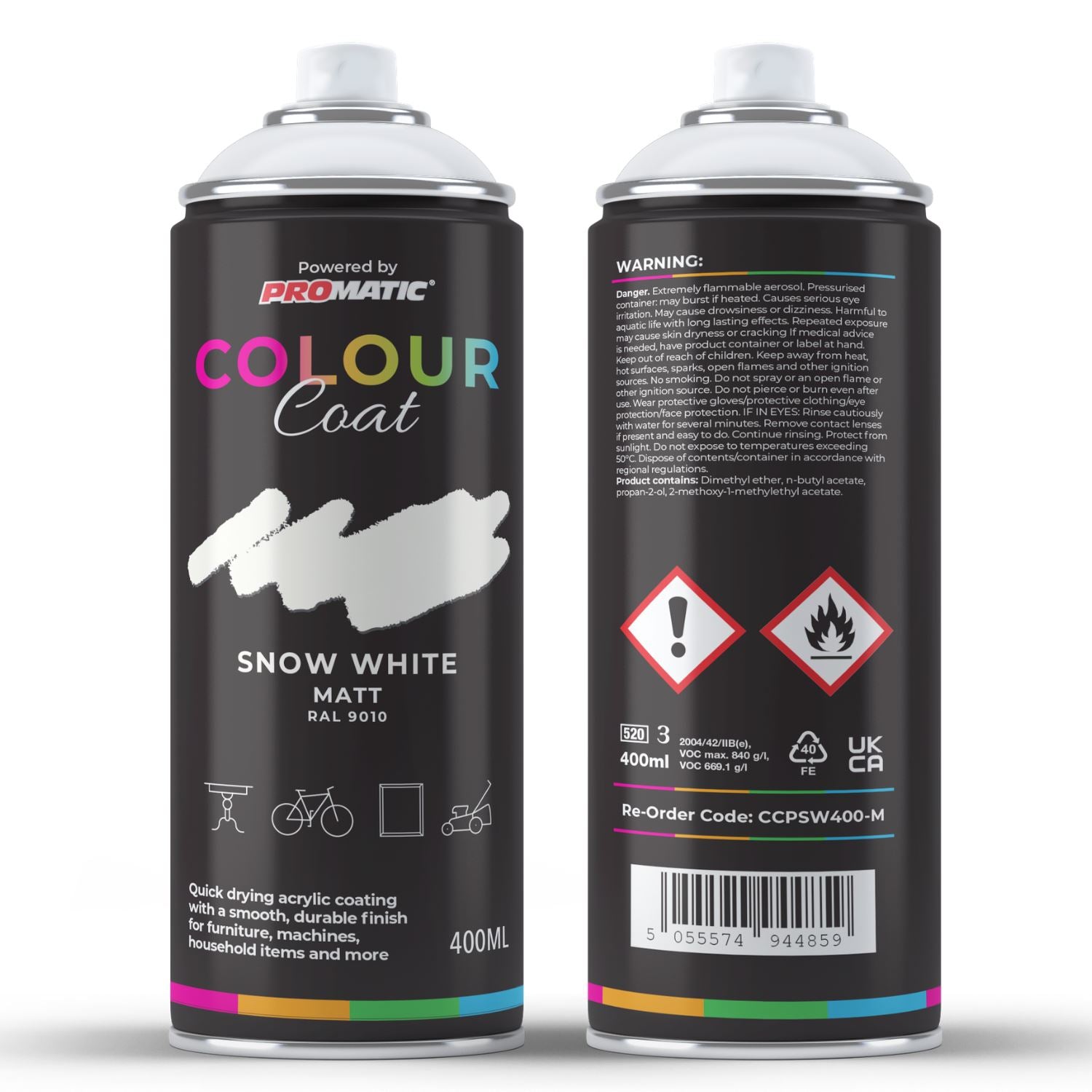 ProMatic Colour Coat Snow White RAL 9010 Matt 1K Acrylic Spray Paint 400ml