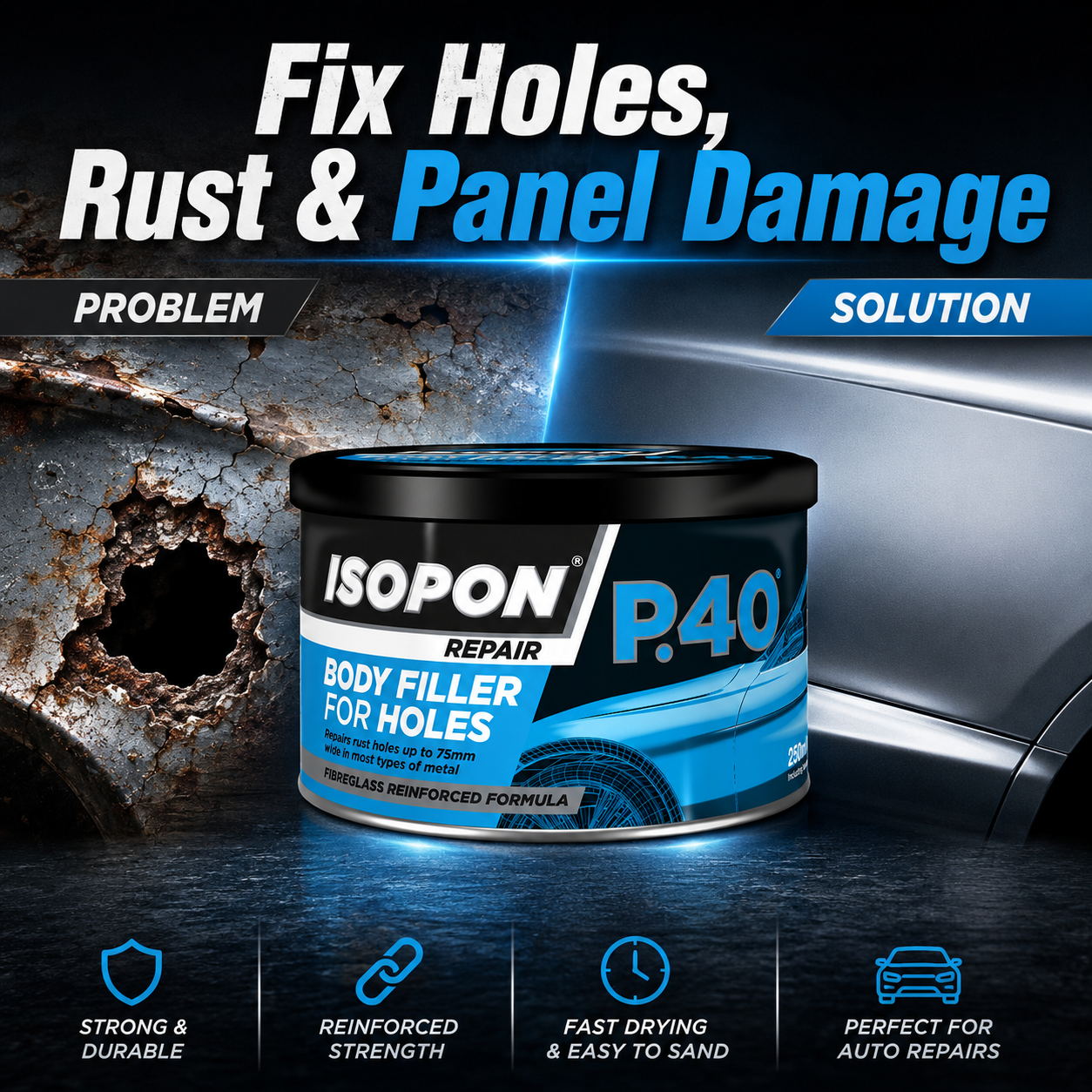 Upol Isopon P40 Metal Holes Body Filler Repair Paste Fibreglass Formula