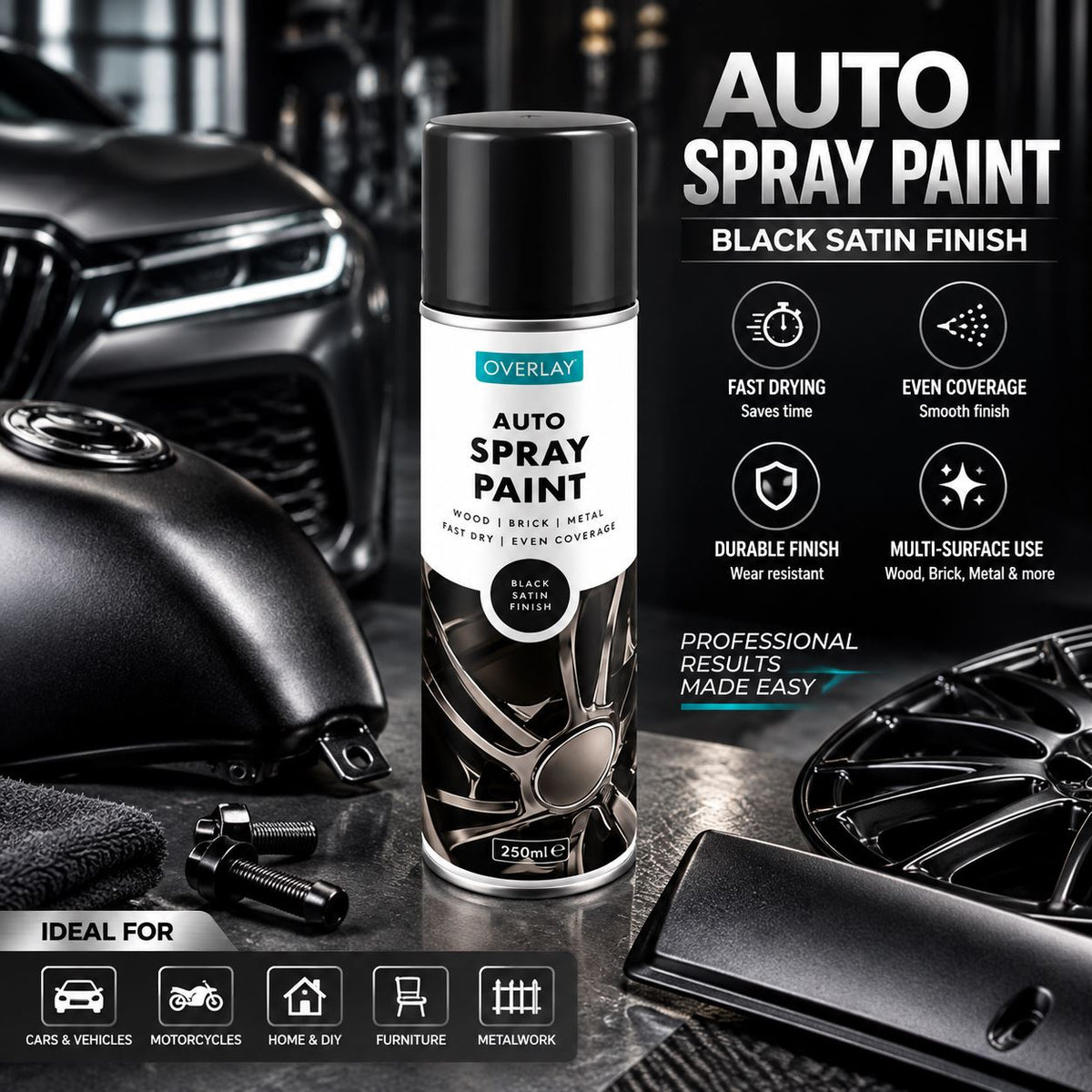 Overlay Satin Black Primer Aerosol Spray Paint 250ml For Auto Car Van Bike
