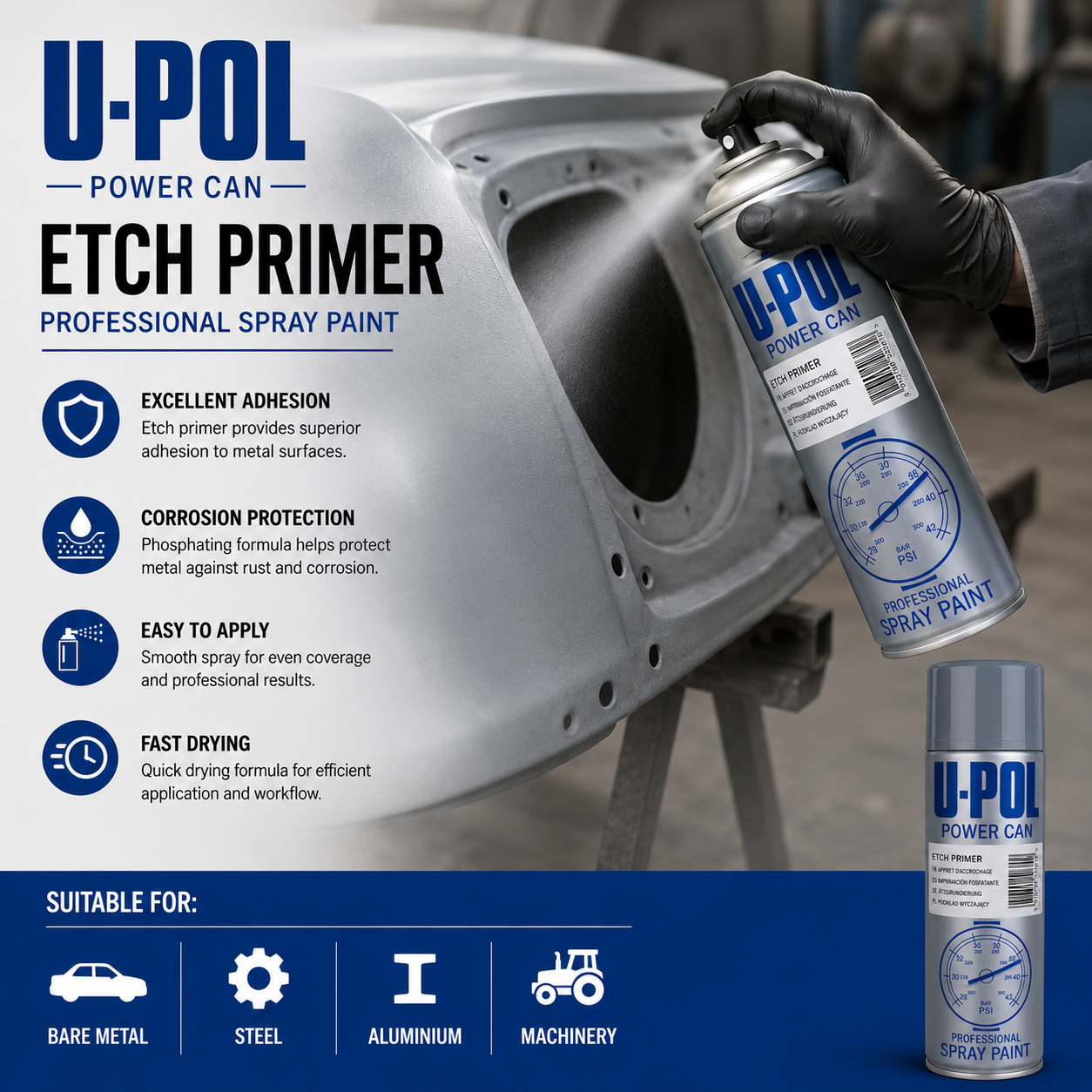 U-POL Power Can Grey Etch Primer Spray Paint 500ml