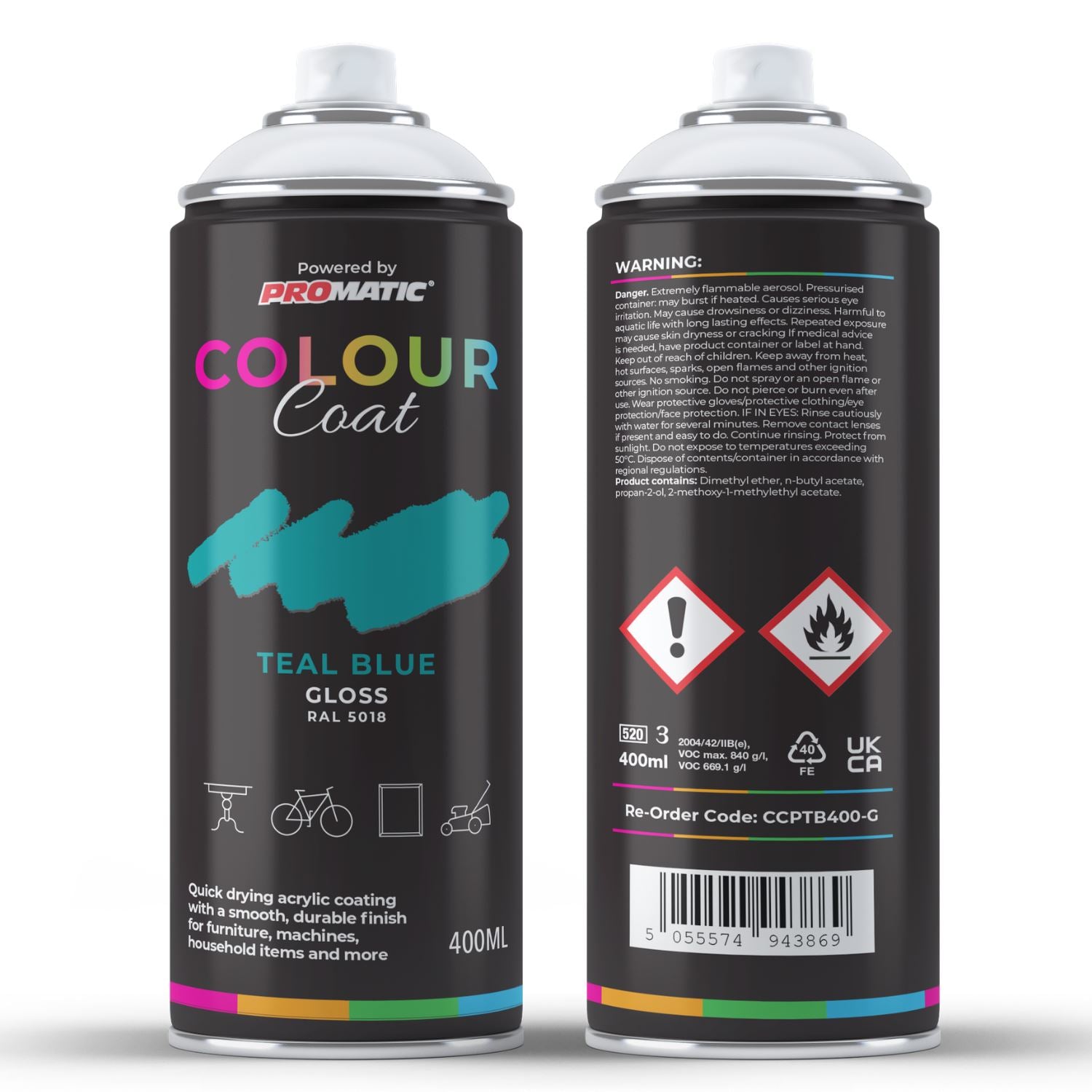 ProMatic Colour Coat Teal Blue RAL 5018 Gloss 1K Acrylic Spray Paint 400ml