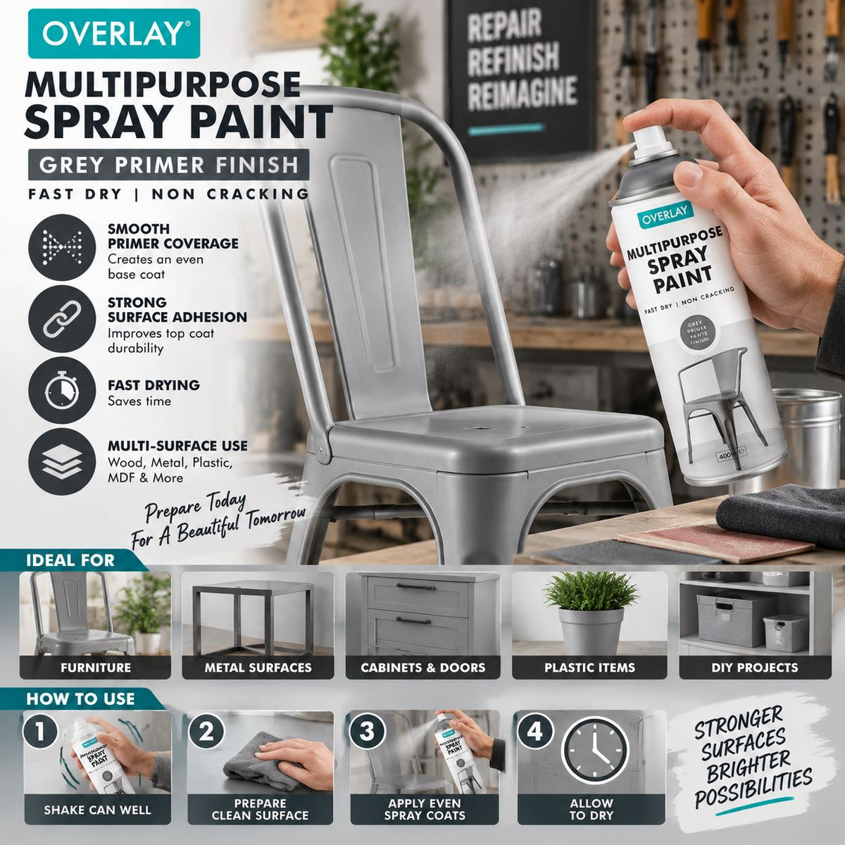 Overlay Grey Primer Matt Spray Paint 400ml For Auto Car Van Bike