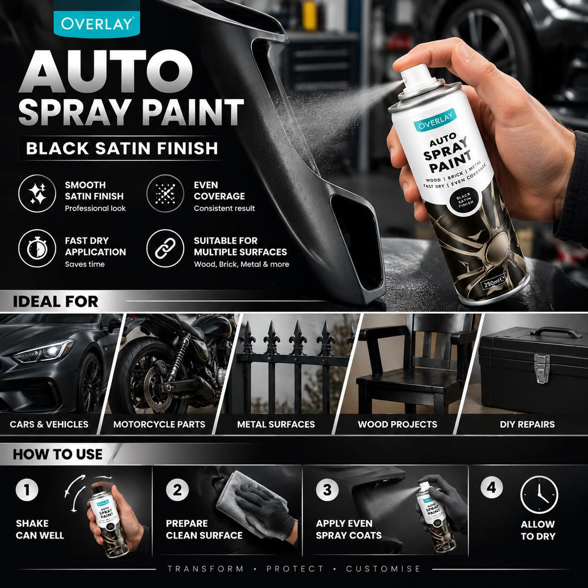 Overlay Satin Black Primer Aerosol Spray Paint 250ml For Auto Car Van Bike